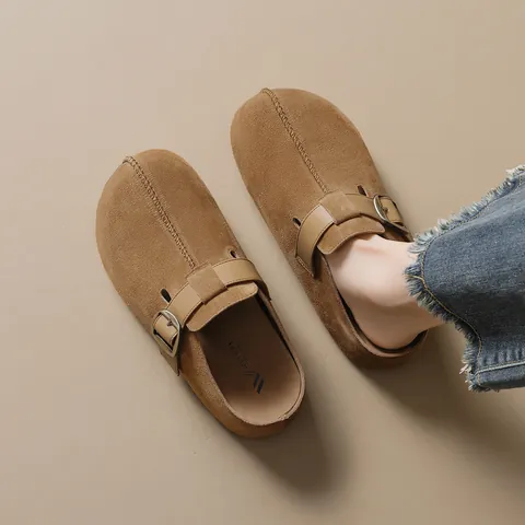Mules de Gamuza de Cuero de Vaca para Mujer Zuecos de Suela Gruesa Retro Casual Punta Redonda Zapatillas con Hebilla Ajustable Zapatos de Plataforma
