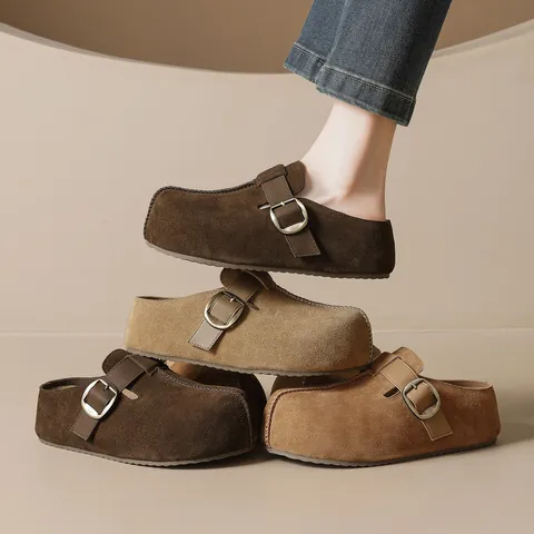 Mules de Gamuza de Cuero de Vaca para Mujer Zuecos de Suela Gruesa Retro Casual Punta Redonda Zapatillas con Hebilla Ajustable Zapatos de Plataforma
