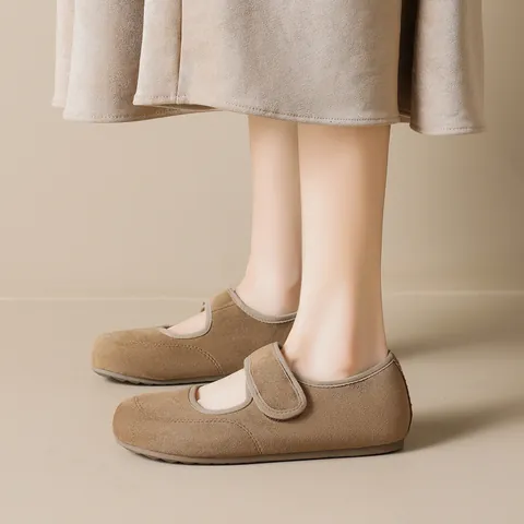 Women Retro Suede Mary Jane Flats Hidden Wedge Invisible Height Increasing Shoes Round Toe Hook And Loop Casual Minimalist Walking Loafers