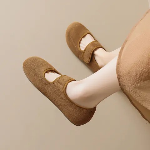 Women Retro Suede Mary Jane Flats Hidden Wedge Invisible Height Increasing Shoes Round Toe Hook And Loop Casual Minimalist Walking Loafers