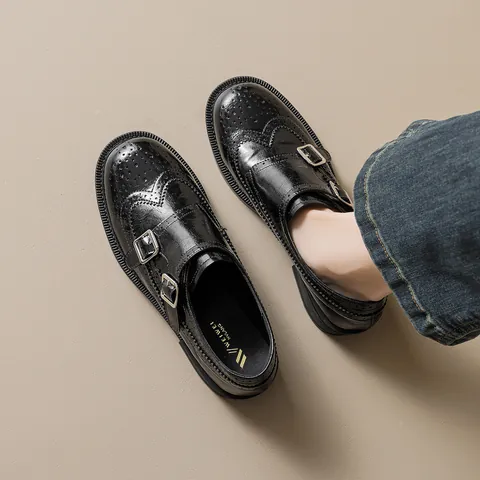 Women's British Style Monk Strap Loafers Microfiber Leather Brogue Carved Round Toe Double Buckle Low Thick Heel Slip On Casual Shoes