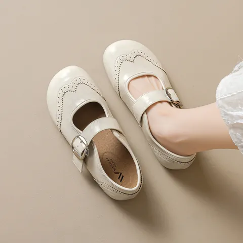 Women's French Vintage Brogue Mary Jane Shoes Microfiber Leather Round Toe Buckle Strap Flat Loafers For Casual Daily