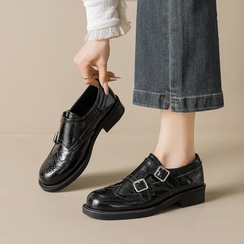 Women's British Style Monk Strap Loafers Microfiber Leather Brogue Carved Round Toe Double Buckle Low Thick Heel Slip On Casual Shoes