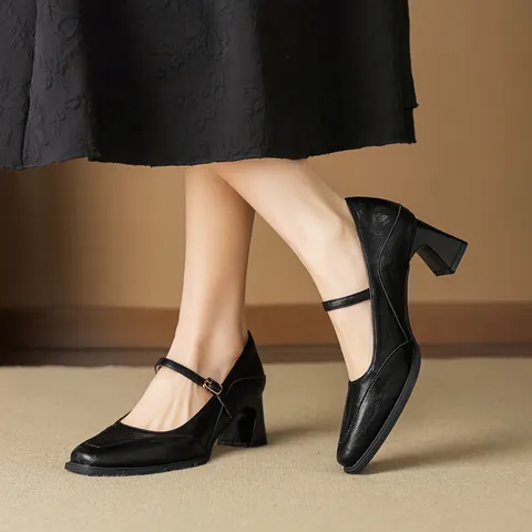 Vintage Square Toe Mary Jane Shoes For Women Microfiber Leather Block High Heel Buckle Strap French Style Elegant Office Pumps