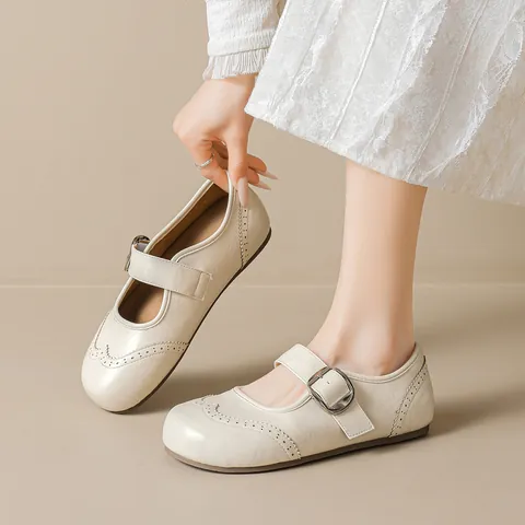 Women's French Vintage Brogue Mary Jane Shoes Microfiber Leather Round Toe Buckle Strap Flat Loafers For Casual Daily