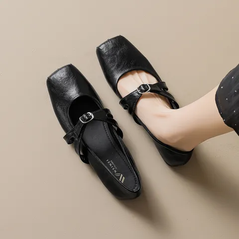Women French Retro Mary Jane Shoes Microfiber Square Toe Cross Strap Flat Shoes Non-Slip Comfortable Walking Shoes For Casual Office