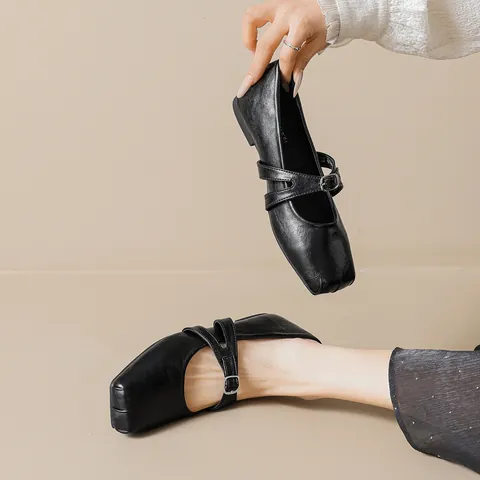 Women French Retro Mary Jane Shoes Microfiber Square Toe Cross Strap Flat Shoes Non-Slip Comfortable Walking Shoes For Casual Office
