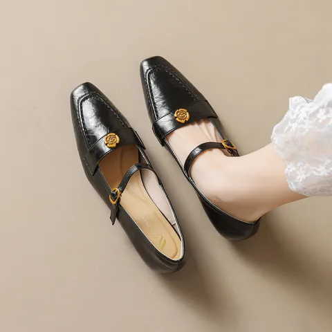 Zapatos Mary Jane para Mujer Vintage Francés Punta Cuadrada Tacón Bajo Cuero de Microfibra con Hebilla de Metal de Camelia Dorada