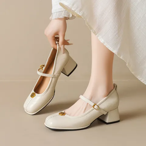 Women's French Vintage Camellia Mary Jane Shoes Elegant Square Toe Mid Thick Heel Pumps With Golden Rose Metal Buckle