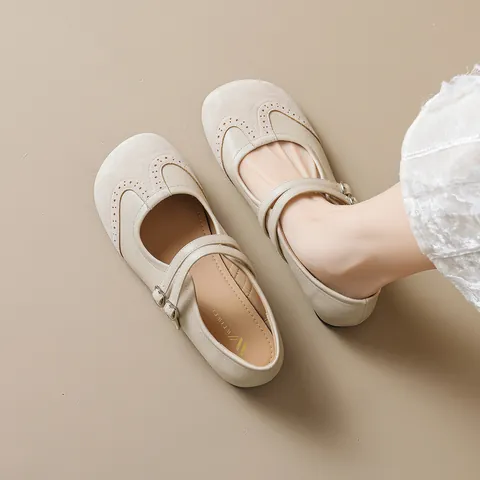 French Vintage Microfiber Mary Jane Flats For Women With Double Buckle Straps Brogue Details Soft Sole Casual Low Heel Shoes