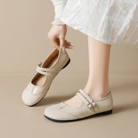 French Vintage Microfiber Mary Jane Flats For Women With Double Buckle Straps Brogue Details Soft Sole Casual Low Heel Shoes