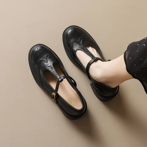 Women Vintage Mary Jane Shoes Brogue Carved Chunky Heel Platform Shoes T-Strap Round Toe British Style Preppy Microfiber Shoes