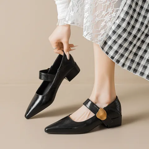 French Vintage Pointed Toe Mary Jane High Heels For Women Gold Buckle Chunky Mid Heel Elegant Microfiber Leather Pumps