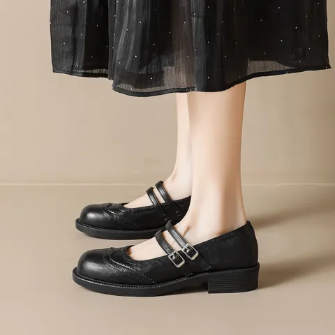 Women's Retro Microfiber Mary Jane Shoes Double Strap Buckle Brogue Carving Low Heel Platform British Style Casual Flats