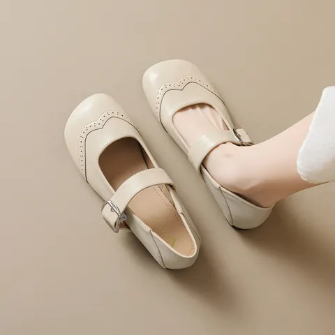 Scarpe Mary Jane Vintage a Punta Tonda Donna In Microfibra Scarpe Basse Con Fibbia Dettaglio Brogue Traforato Scarpe Casual
