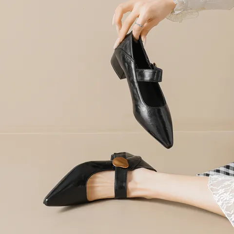 French Vintage Pointed Toe Mary Jane High Heels For Women Gold Buckle Chunky Mid Heel Elegant Microfiber Leather Pumps