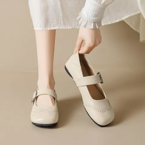Scarpe Mary Jane Vintage a Punta Tonda Donna In Microfibra Scarpe Basse Con Fibbia Dettaglio Brogue Traforato Scarpe Casual