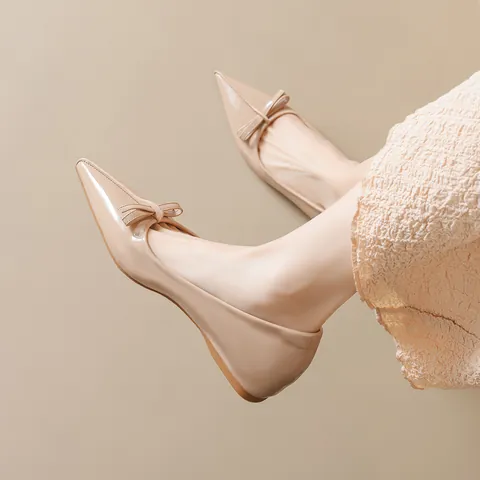 French Style Women Pointed Toe Patent Leather Mary Jane Flats With Bow Hidden Height Increase Daily Office Dress Shoes