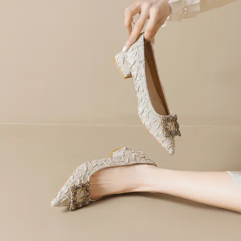 Women Elegant Pointed Toe Chunky Heel Pumps Rhinestone Square Buckle Textured Microfiber Fabric Wedding Banquet Fashion Shoes