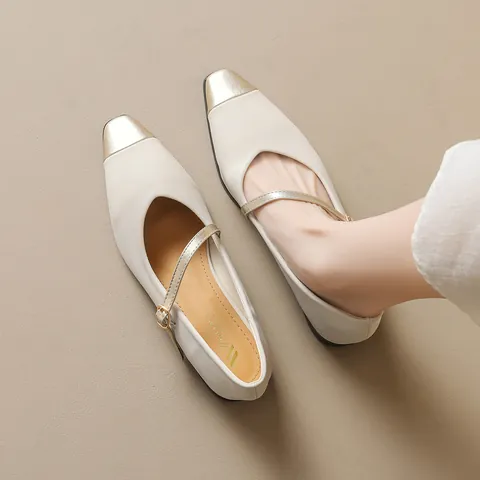 Women French Mary Jane Flats Contrast Color Metallic Toe Cap Buckle Strap Square Toe Microfiber Shoes For Commuting Daily