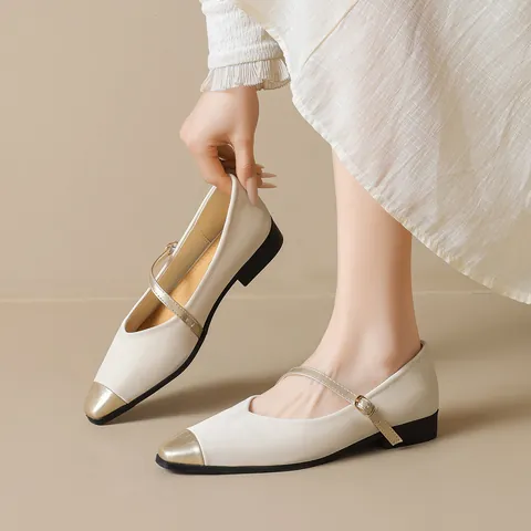 Women French Mary Jane Flats Contrast Color Metallic Toe Cap Buckle Strap Square Toe Microfiber Shoes For Commuting Daily