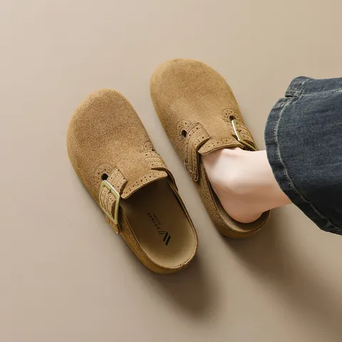 Women Vintage Suede Clog Mules Platform Height Increasing Round Toe Backless Slippers Scrub Leather Slides With Buckle