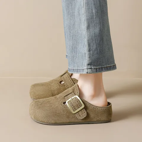Women Vintage Suede Clog Mules Platform Height Increasing Round Toe Backless Slippers Scrub Leather Slides With Buckle