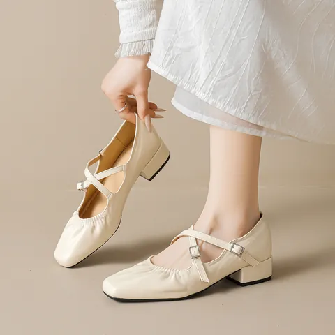 Zapatos Mary Jane Vintage de Punta Cuadrada Para Mujer Tacón Grueso Correa Cruzada Piel Sintética Estilo Francés