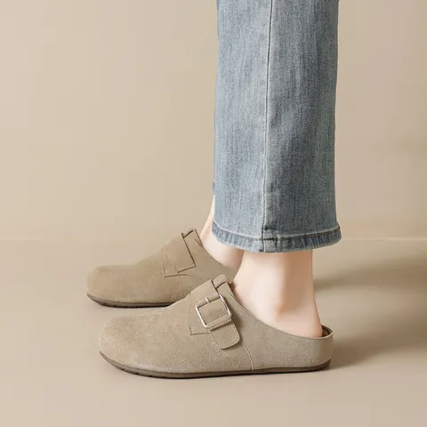 Dames Suède Rundleer Mules Gesp Clogs Zachte Latex Binnenzool Interne Hoogteverhoging Plateau Halve Pantoffels Outdoor Casual Schoenen