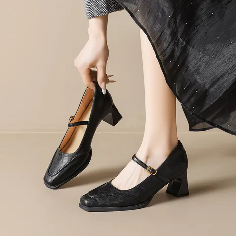 Zapatos Mary Jane Vintage Franceses para Mujer de Microfibra con Tacón de Bloque Punta Cuadrada Hebilla Elegantes Zapatos de Oficina