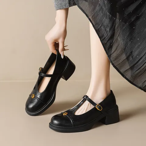 Women French Retro Mary Jane Shoes Camellia T-Strap Microfiber Leather Thick Mid Heel Non-Slip Pumps Daily Office Shoes