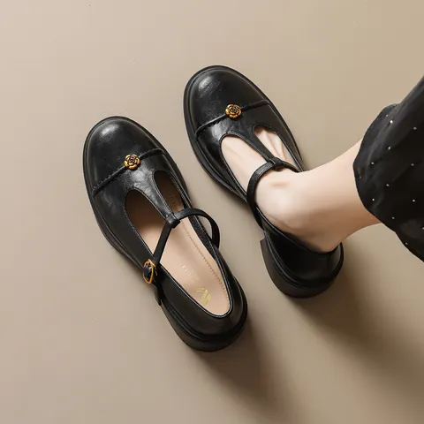 Women French Retro Mary Jane Shoes Camellia T-Strap Microfiber Leather Thick Mid Heel Non-Slip Pumps Daily Office Shoes