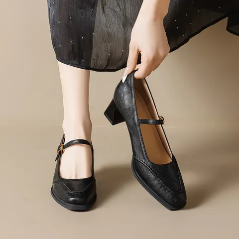 Zapatos Mary Jane Vintage Franceses para Mujer de Microfibra con Tacón de Bloque Punta Cuadrada Hebilla Elegantes Zapatos de Oficina