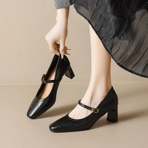Women French Retro Mary Jane Pumps Chunky Middle Heel Square Toe Buckle Strap Microfiber Leather Office Commuter Casual Shoes