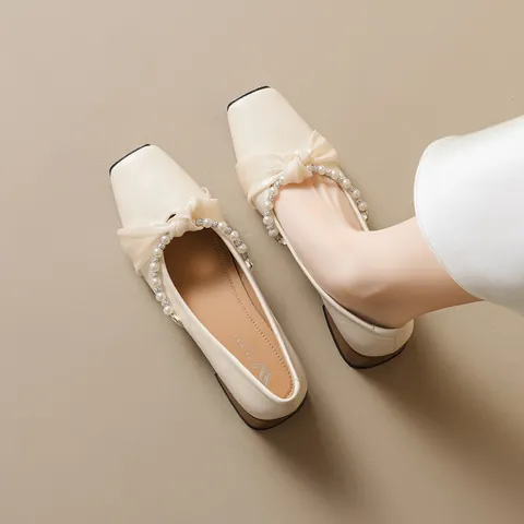 French Style Square Toe Mary Jane Shoes Women Low Block Heel Pumps Satin Bow Pearl Rhinestone Elegant Vintage Dress Shoes