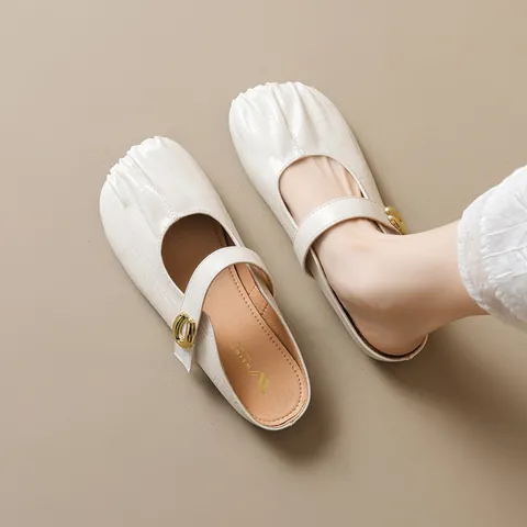 Women's French Style Pleated Mary Jane Mules Low Flat Soft Sole Closed Toe Slippers With Metal Buckle Vintage Casual Shoes