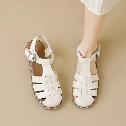 Women's Retro Woven Fisherman Sandals Closed Toe Roman Style Thick Heel Buckle Summer Breathable Casual Flat Sandals Shoes