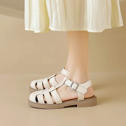 Women's Retro Woven Fisherman Sandals Closed Toe Roman Style Thick Heel Buckle Summer Breathable Casual Flat Sandals Shoes
