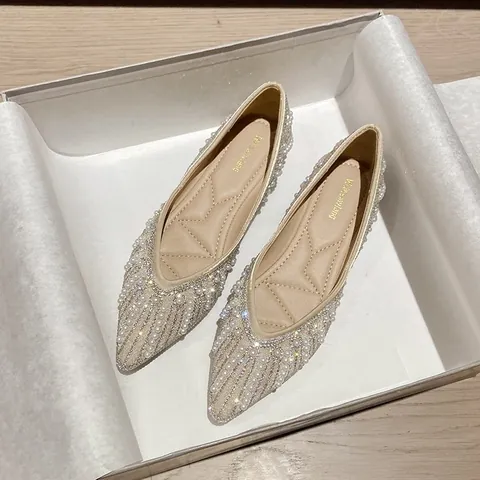 Women Pointed Toe Flat Shoes With Rhinestone Faux Pearl Decoration Soft Sole Slip On Wedding Party Elegant Dress Loafers