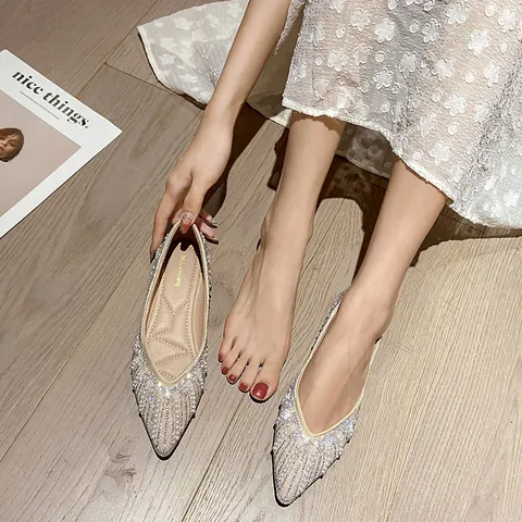 Women Pointed Toe Flat Shoes With Rhinestone Faux Pearl Decoration Soft Sole Slip On Wedding Party Elegant Dress Loafers