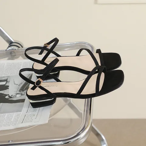 Sandalias Minimalistas de Punta Cuadrada para Mujer Cuero de Microfibra Correas Delgadas Sandalias Planas para el Verano Estilo Coreano Diario Sandalias de Tiras Con Decoración de Metal