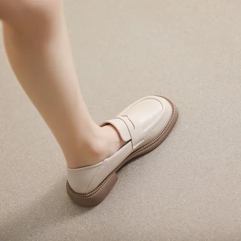 Women Retro British Style Platform Loafers Round Toe Microfiber Leather Slip On Casual Shoes Soft Sole Thick Bottom Flats