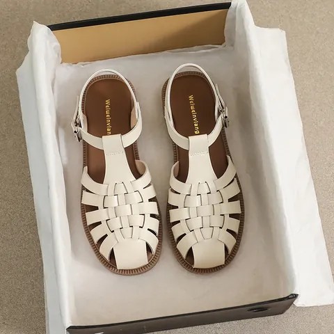 Women's Vintage Woven Fisherman Sandals Closed Toe Roman Cage Flat Sandals Soft Sole Summer Buckle Strap Beach Holiday Shoes