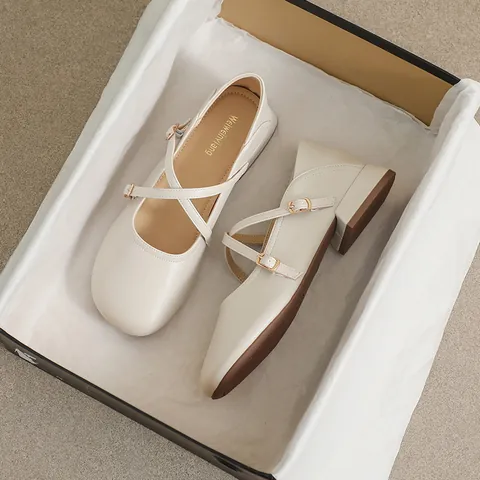French Vintage Chunky Heel Mary Jane Shoes For Women Round Toe Cross Strap Microfiber Leather Low Heel Beige Milk Tea
