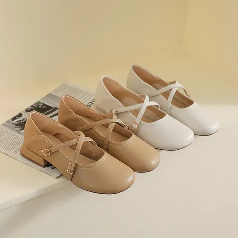 French Vintage Chunky Heel Mary Jane Shoes For Women Round Toe Cross Strap Microfiber Leather Low Heel Beige Milk Tea