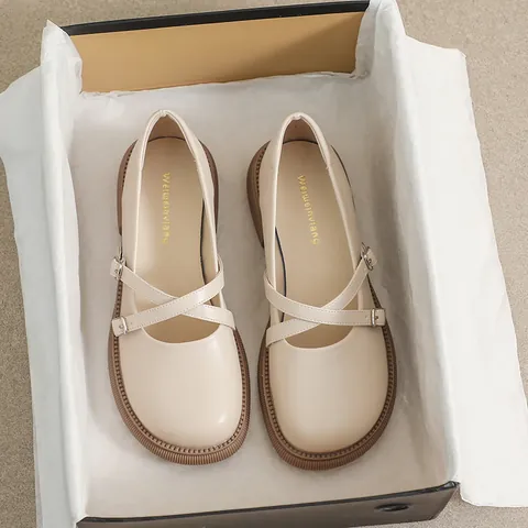Retro Women Mary Jane Shoes Cross Strap Platform Loafers Round Toe Academy Style Soft Sole Casual Walking Shoes