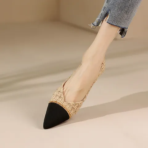 Women Pointed Toe Flat Shoes French Vintage Tweed Patchwork Metal Chain Decorative Ballet Flats Elegant Loafers Casual Office Dress Shoes