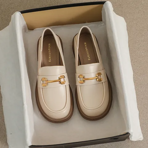 Women Microfiber Leather Platform Loafers Horsebit Buckle Vintage British Style Comfortable Slip On Casual Office Shoes