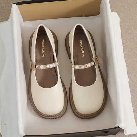 Women's French Vintage Mary Jane Shoes Round Toe Platform Thick Sole Artificial Pearl Bow Microfiber Leather Casual Low Heel Walking Shoes