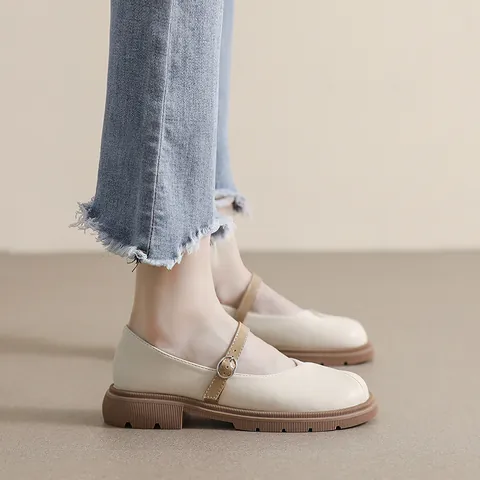 Women's Chunky Heel Mary Jane Shoes Round Toe Platform Microfiber Leather One Strap Casual Retro Loafers Commuter Shoes
